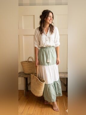 Italian Cotton Tiered Maxi Skirt with Tassel Waist in Sage Green and White Small